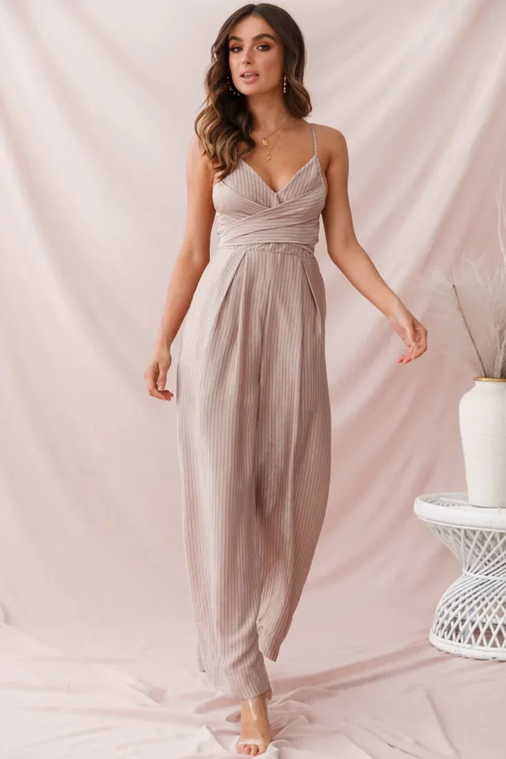 Mocha Pinstripe V-Neck Cross Wrap Wide Leg Jumpsuit