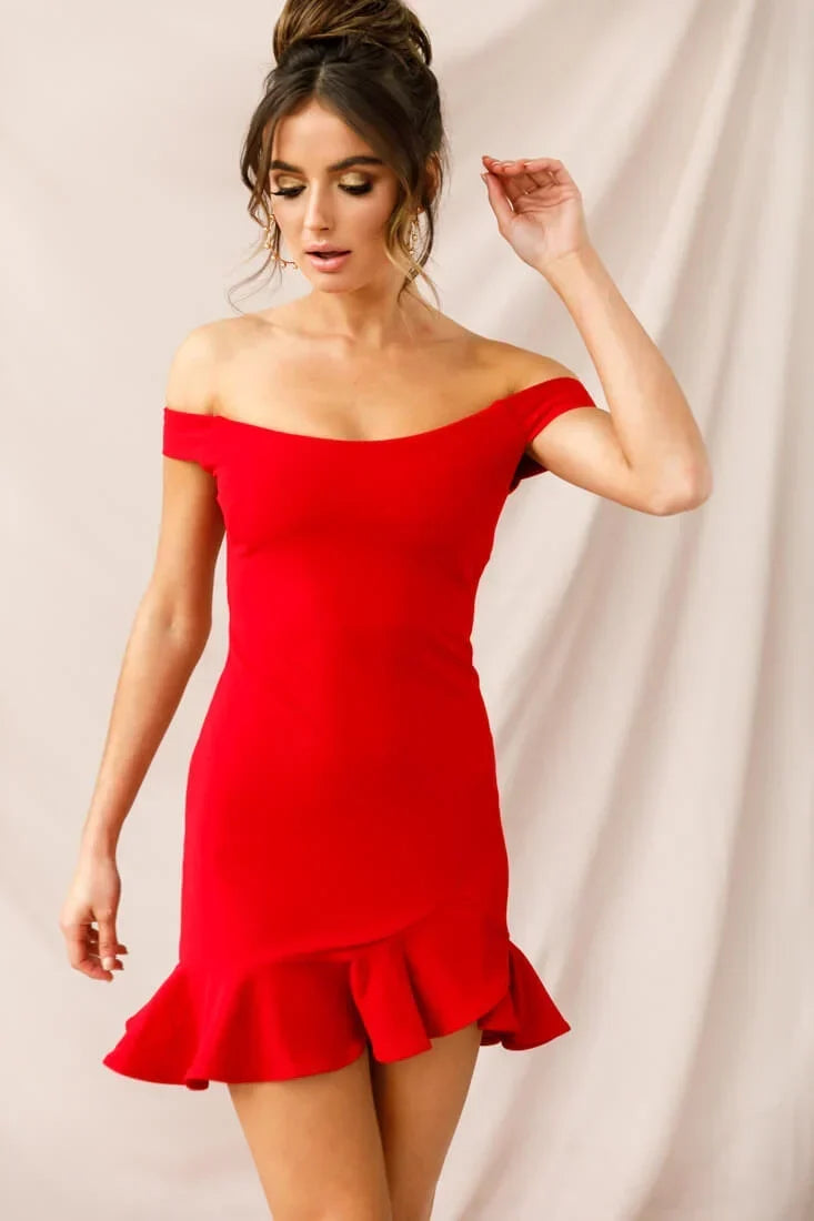 Red Off-Shoulder Mini Dress with Asymmetric Ruffle Flounce Hem
