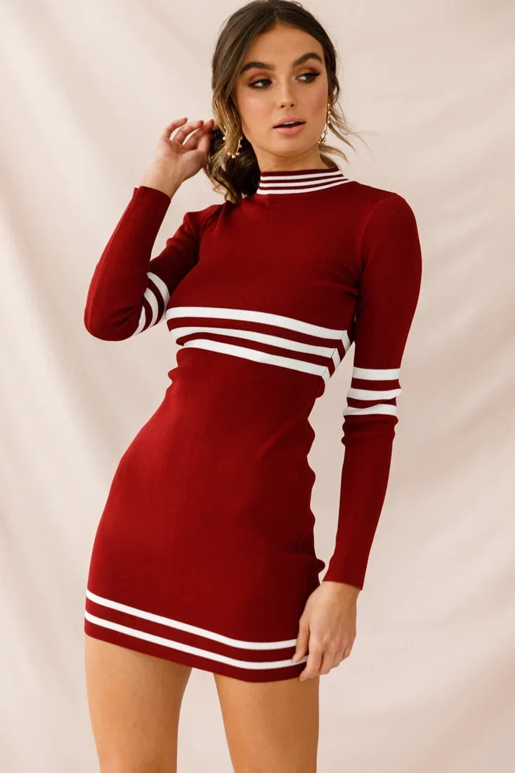 Burgundy Long Sleeve Mini Dress with White Stripe Trim and Mock Neck