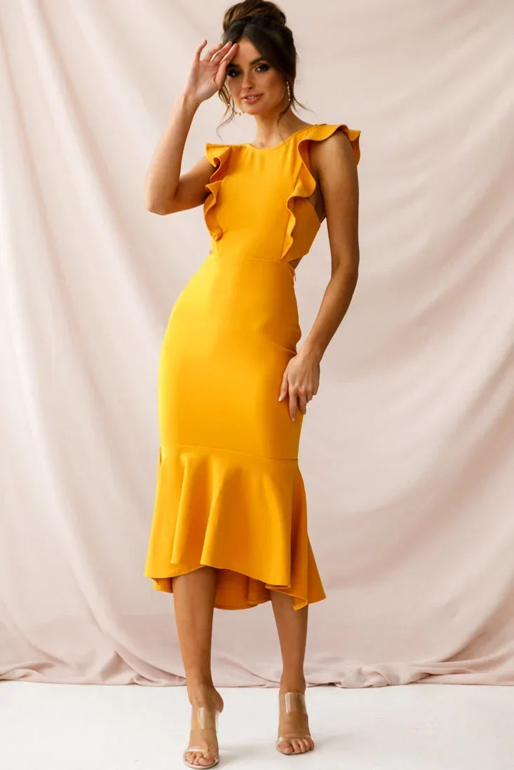 Mustard Yellow Midi Dress with Ruffle Cap Sleeves and Flounce Hem
