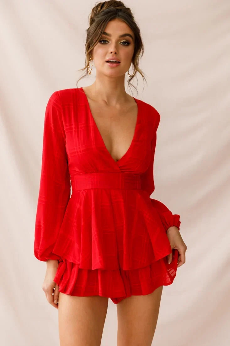 Red Romper with Plunging V-Neck, Balloon Sleeves