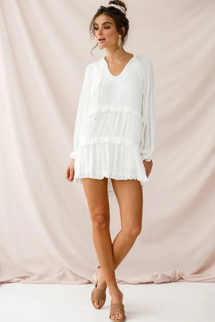 White Tiered Mini Dress with Tie Neck and Balloon Sleeves