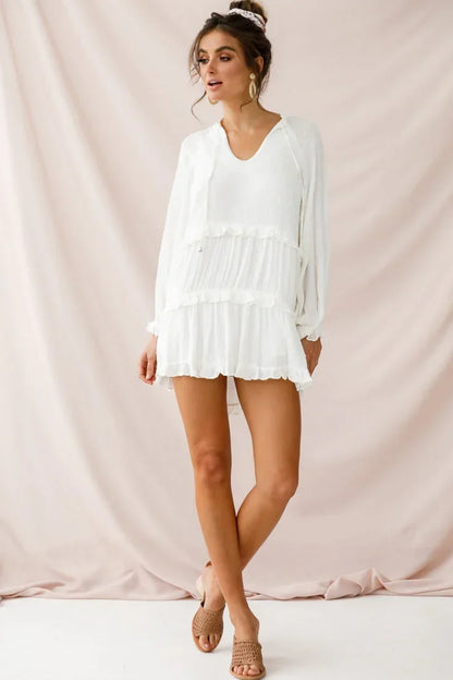 White Tiered Mini Dress with Tie Neck and Balloon Sleeves