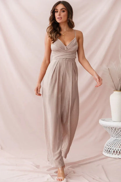 Mocha Pinstripe V-Neck Cross Wrap Wide Leg Jumpsuit