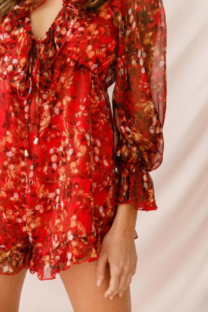 Red Floral Romper with Plunging V-Neck and Sheer Balloon Sleeves