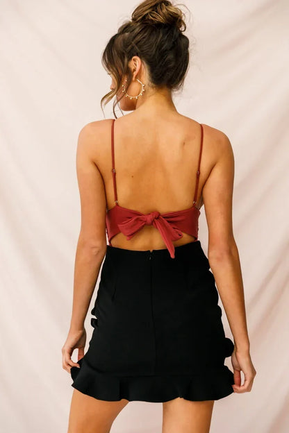 Rose Red Lace Deep V-Neck Spaghetti Strap Tie Back Bodysuit