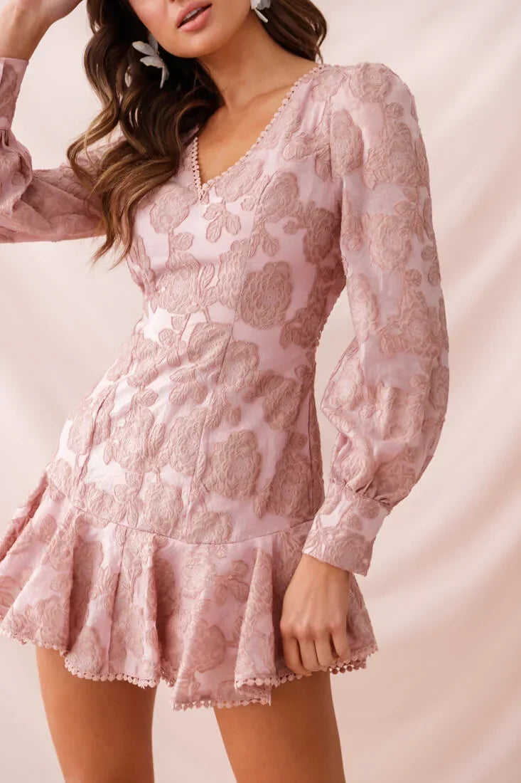 Blush Pink Floral Jacquard Mini Dress with V-Neck and Ruffle Hem