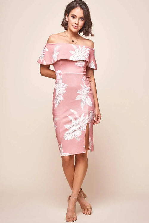 Blush Pink Floral Off-Shoulder Ruffle Bodycon Slit Midi Dress