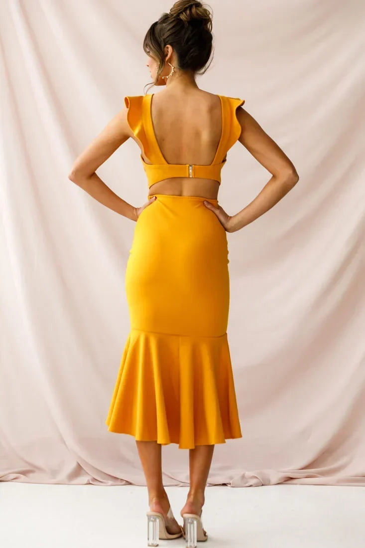 Mustard Yellow Midi Dress with Ruffle Cap Sleeves and Flounce Hem