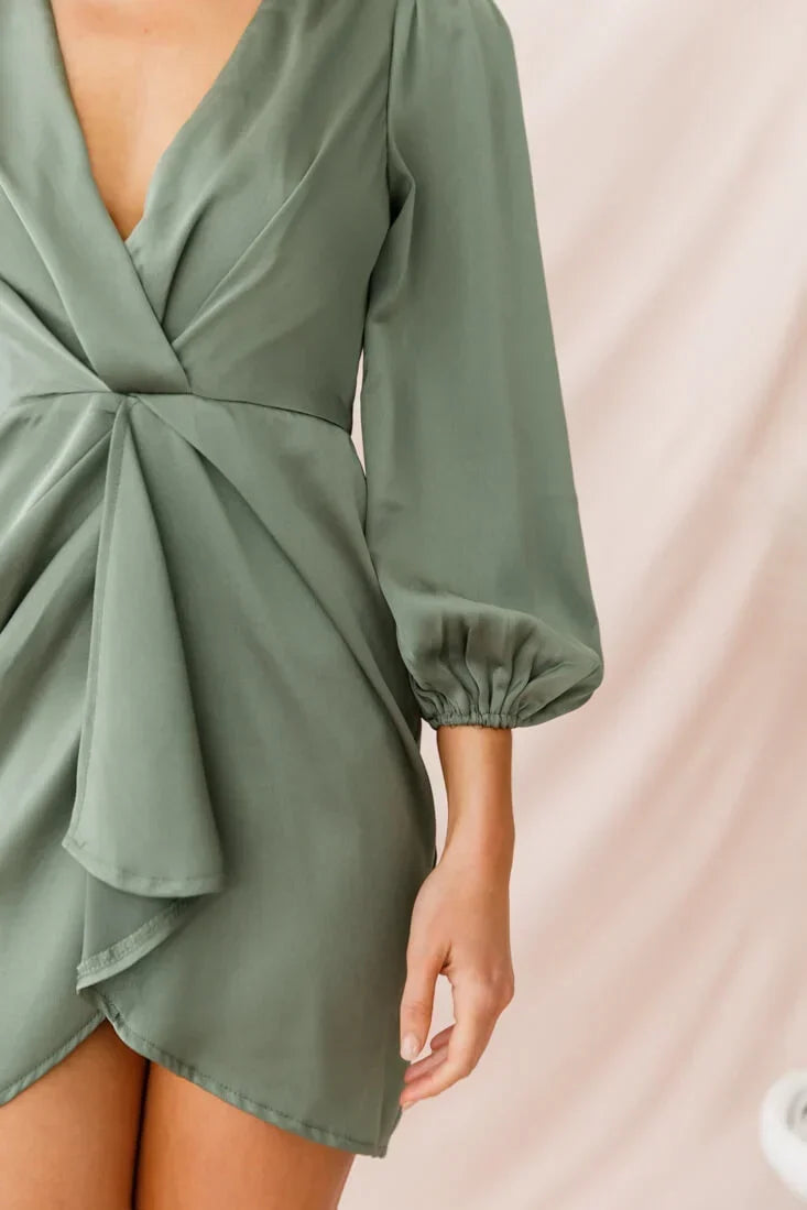 Sage Green Satin Mini Dress with Plunging V-Neck and Draped Front