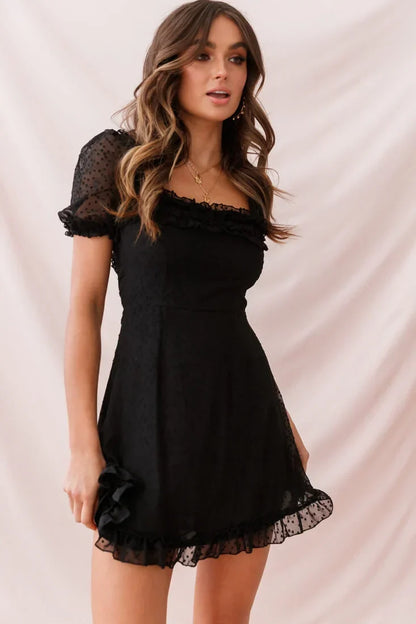 Black Swiss Dot Mini Dress with Square Neck and Puff Sleeves