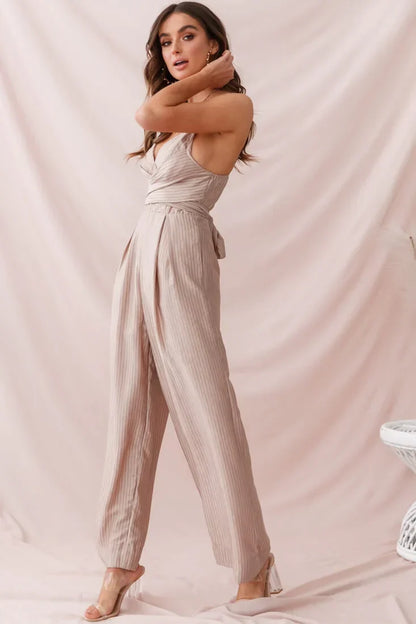 Mocha Pinstripe V-Neck Cross Wrap Wide Leg Jumpsuit