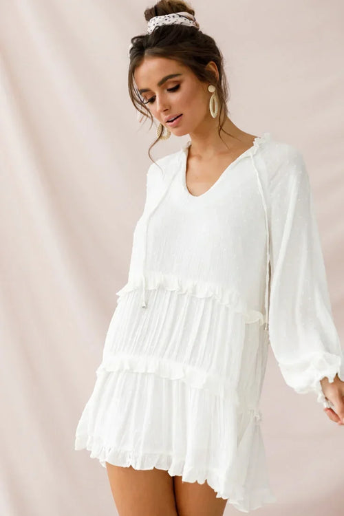 White Tiered Mini Dress with Tie Neck and Balloon Sleeves