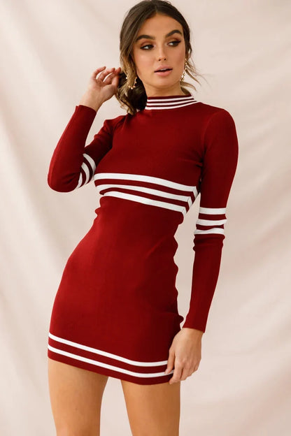 Burgundy Long Sleeve Mini Dress with White Stripe Trim and Mock Neck