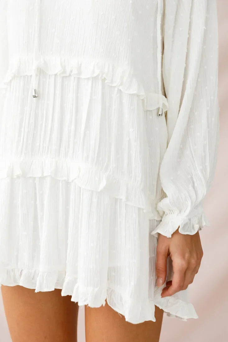 White Tiered Mini Dress with Tie Neck and Balloon Sleeves
