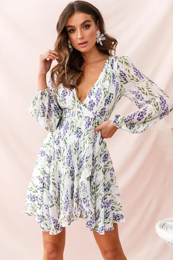 White Floral Mini Wrap Dress with Plunging V-Neck and Balloon Sleeves