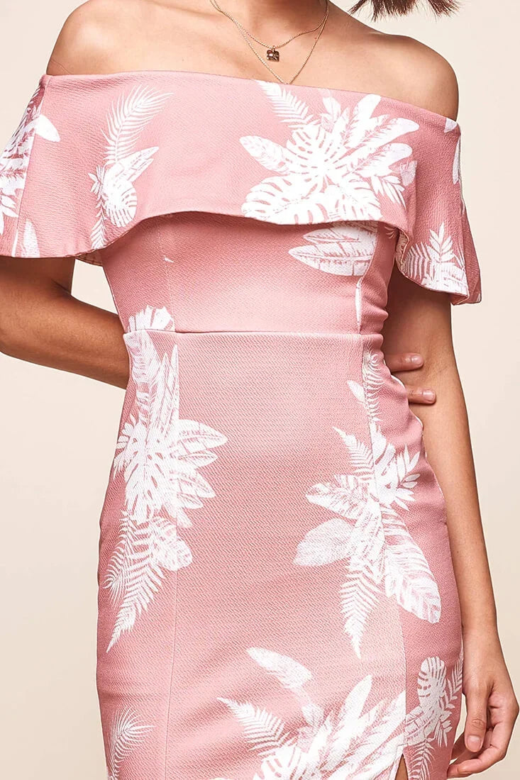 Blush Pink Floral Off-Shoulder Ruffle Bodycon Slit Midi Dress