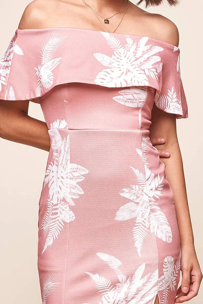 Blush Pink Floral Off-Shoulder Ruffle Bodycon Slit Midi Dress