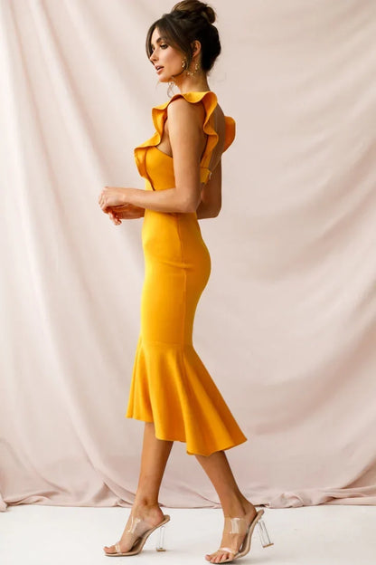 Mustard Yellow Midi Dress with Ruffle Cap Sleeves and Flounce Hem