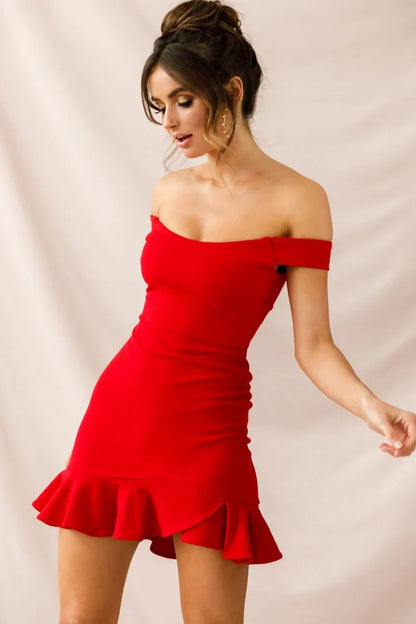 Red Off-Shoulder Mini Dress with Asymmetric Ruffle Flounce Hem