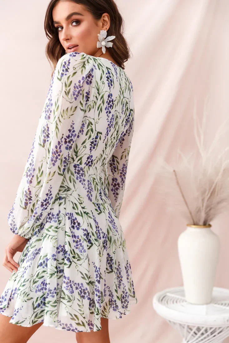 White Floral Mini Wrap Dress with Plunging V-Neck and Balloon Sleeves