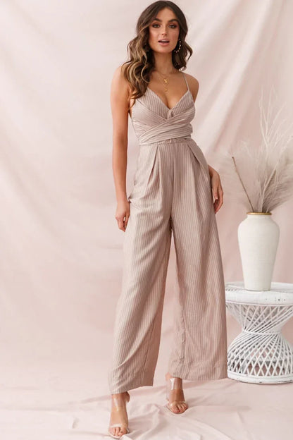 Mocha Pinstripe V-Neck Cross Wrap Wide Leg Jumpsuit