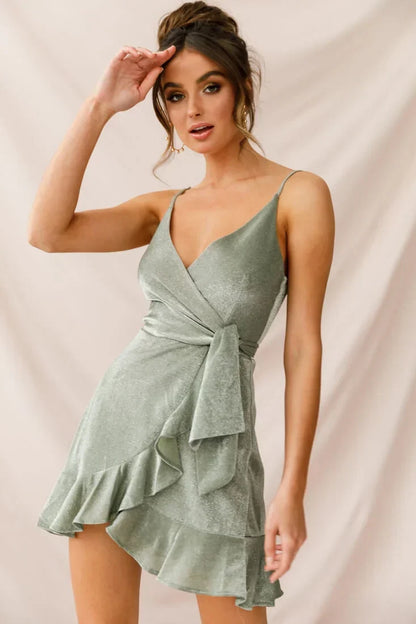 Sage Green Faux Wrap Mini Dress with Ruffle Hem and Side Tie