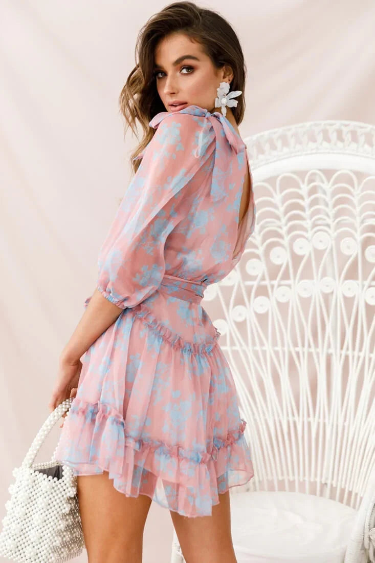 Pink and Blue Floral Mini Wrap Dress with Puff Sleeves and Waist Tie