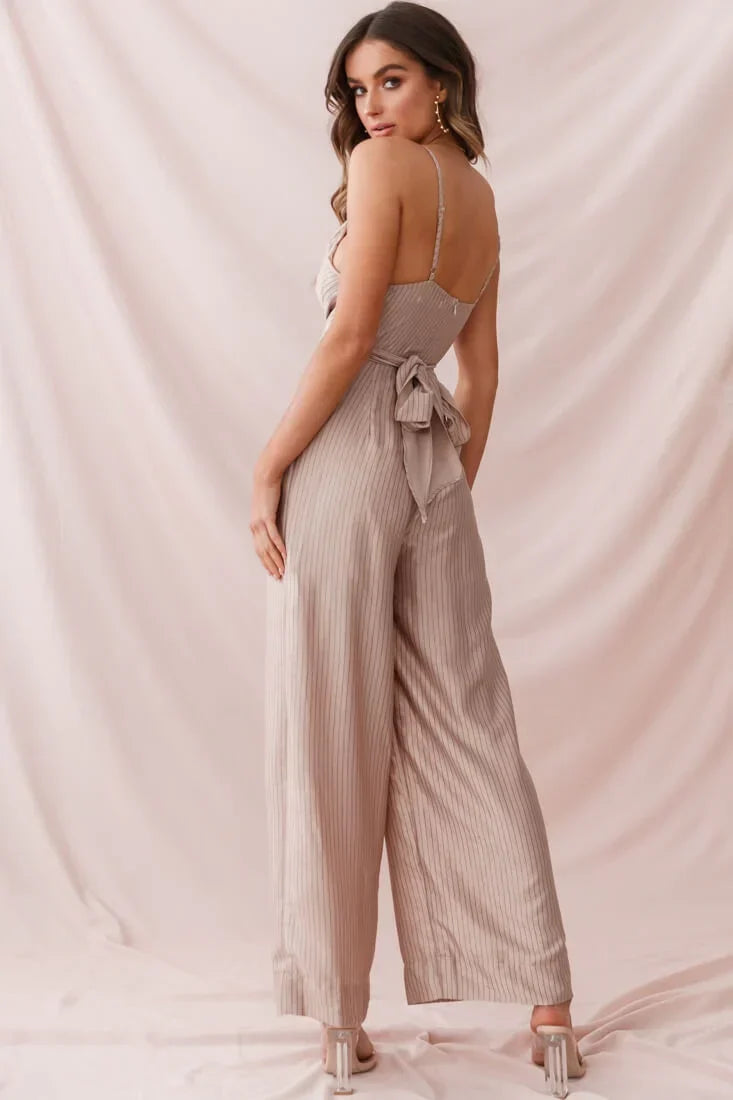 Mocha Pinstripe V-Neck Cross Wrap Wide Leg Jumpsuit