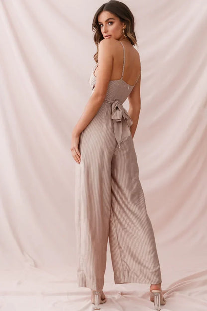 Mocha Pinstripe V-Neck Cross Wrap Wide Leg Jumpsuit