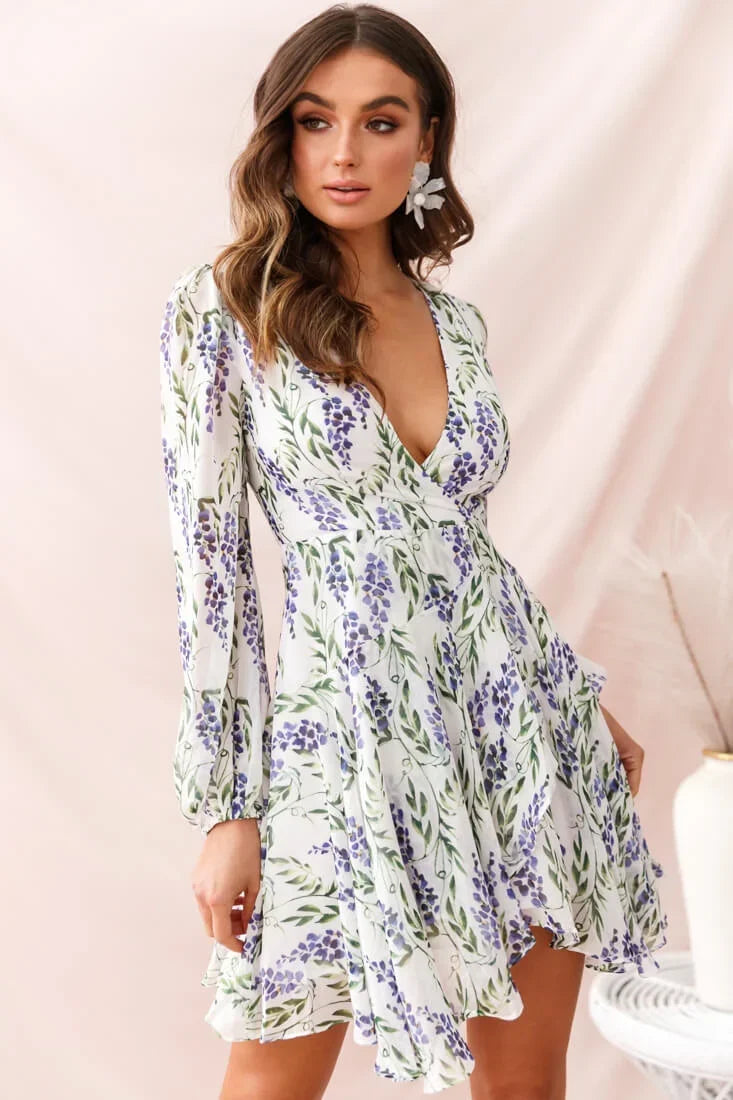White Floral Mini Wrap Dress with Plunging V-Neck and Balloon Sleeves