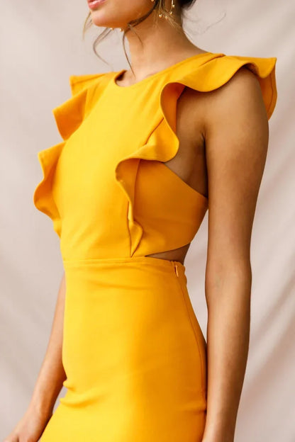 Mustard Yellow Midi Dress with Ruffle Cap Sleeves and Flounce Hem