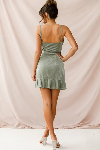 Sage Green Faux Wrap Mini Dress with Ruffle Hem and Side Tie