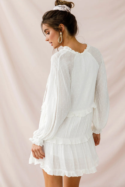 White Tiered Mini Dress with Tie Neck and Balloon Sleeves