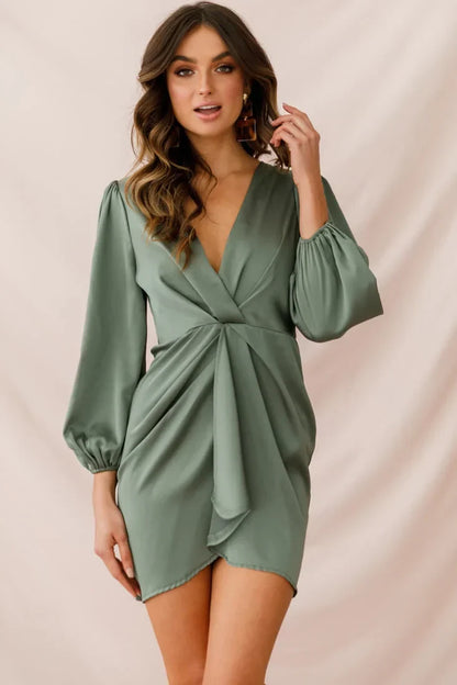 Sage Green Satin Mini Dress with Plunging V-Neck and Draped Front
