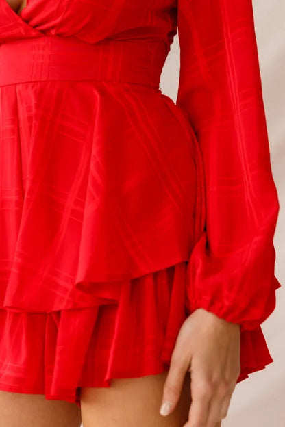 Red Romper with Plunging V-Neck, Balloon Sleeves