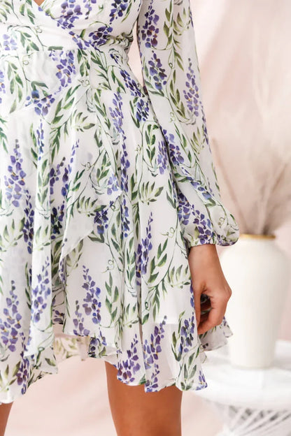 White Floral Mini Wrap Dress with Plunging V-Neck and Balloon Sleeves