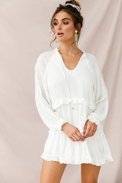 White Tiered Mini Dress with Tie Neck and Balloon Sleeves