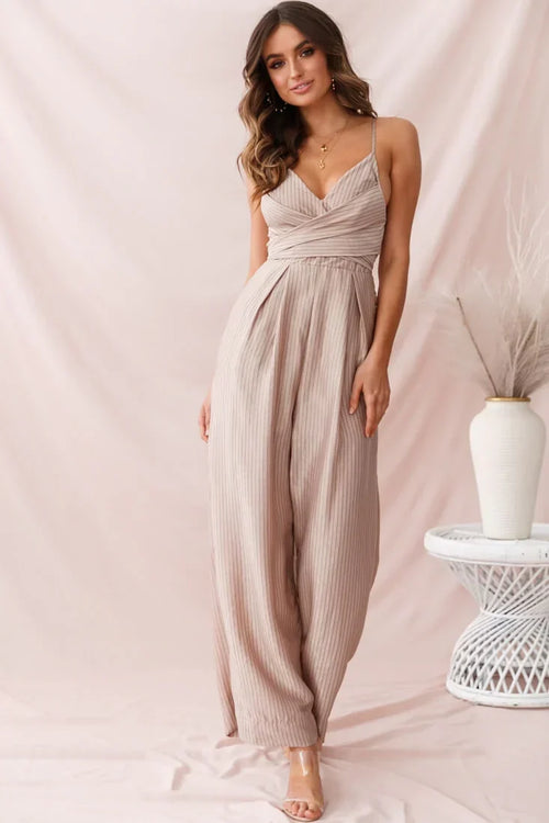 Mocha Pinstripe V-Neck Cross Wrap Wide Leg Jumpsuit