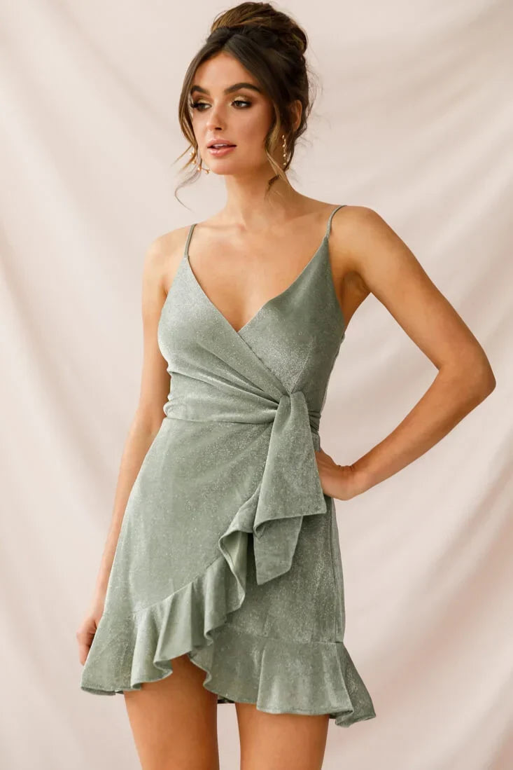 Sage Green Faux Wrap Mini Dress with Ruffle Hem and Side Tie