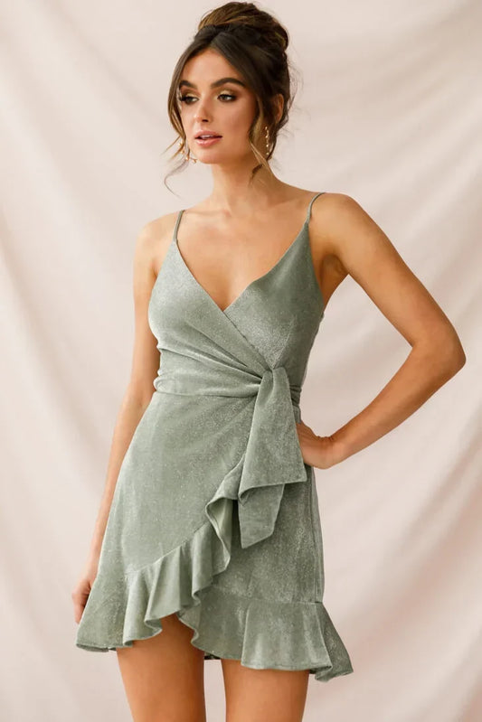 Sage Green Faux Wrap Mini Dress with Ruffle Hem and Side Tie