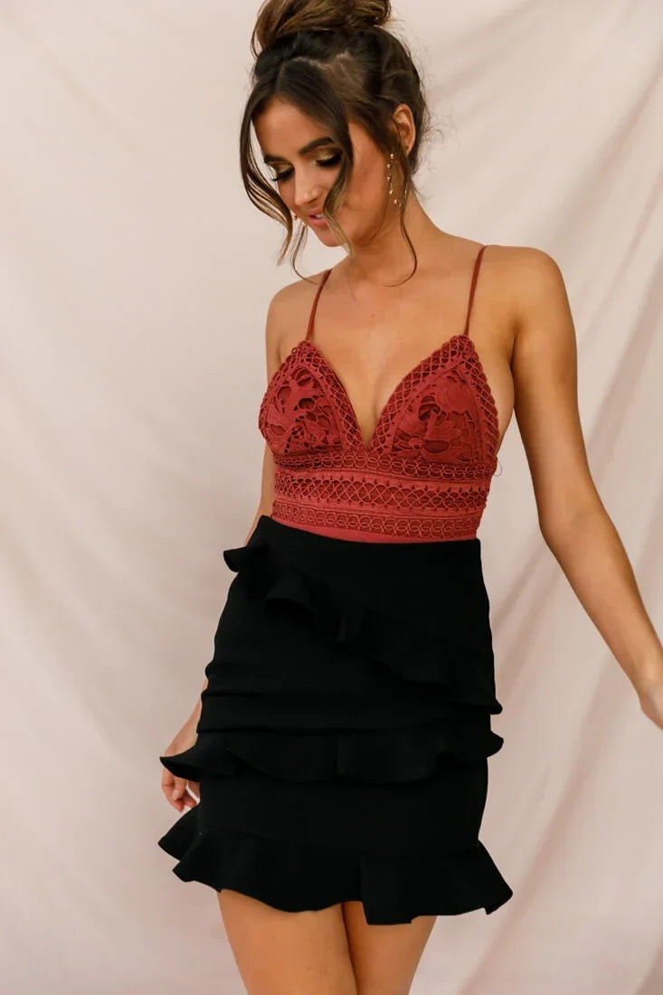 Rose Red Lace Deep V-Neck Spaghetti Strap Tie Back Bodysuit