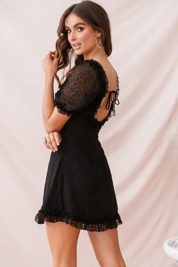 Black Swiss Dot Mini Dress with Square Neck and Puff Sleeves