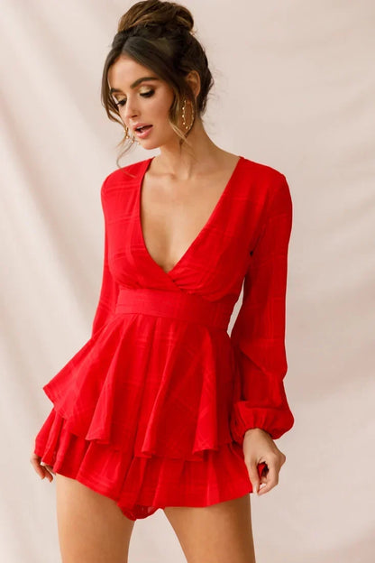 Red Romper with Plunging V-Neck, Balloon Sleeves