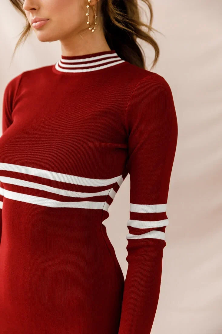 Burgundy Long Sleeve Mini Dress with White Stripe Trim and Mock Neck