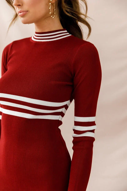 Burgundy Long Sleeve Mini Dress with White Stripe Trim and Mock Neck