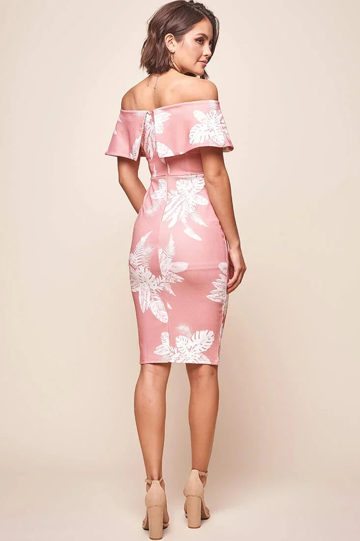 Blush Pink Floral Off-Shoulder Ruffle Bodycon Slit Midi Dress