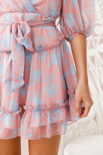 Pink and Blue Floral Mini Wrap Dress with Puff Sleeves and Waist Tie