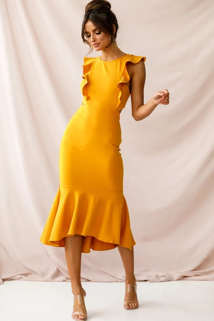 Mustard Yellow Midi Dress with Ruffle Cap Sleeves and Flounce Hem