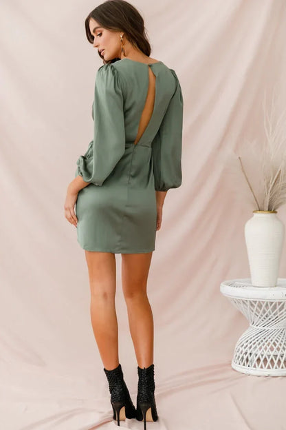 Sage Green Satin Mini Dress with Plunging V-Neck and Draped Front